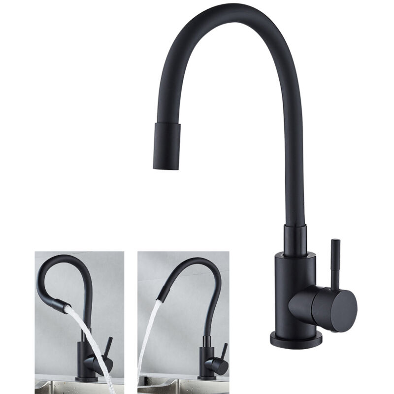 Fitags - Robinet Cuisine Noir, Robinet de Cuisine Flexible Pivotant à 360°, Mitigeur Cuisine Robinet d'Évier avec Bec Flexible, Monocommande à Eau