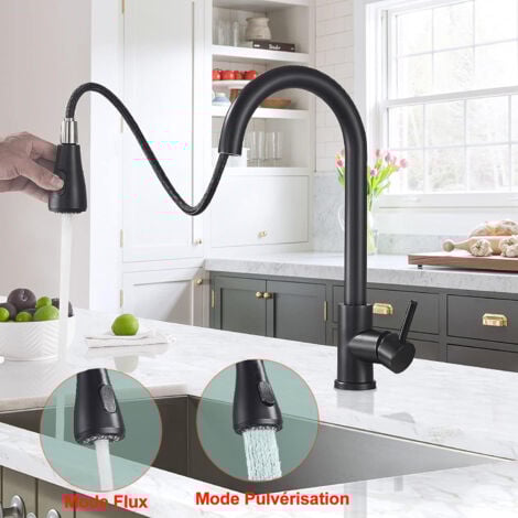 Robinet Cuisine Noir, Ultrixe Mitigeur Cuisine Douchette Evier Cuisine Pivotant à 360° d'Évier à Arc Élevé Pulvérisateur Escamotable 2 Modes, Robinet Evier Froid & Chaud Disponible, avec Tuyau