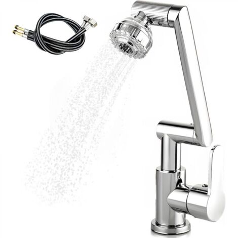 Robinet Cuisine, Robinet Cuisine Douchette, Régulateur de Jet de Robinet 1080°, 2 Modes de Jet, Robinet Mitigeur Avec Tuyau de Raccordement Eau Chaude/Froide de 60 Cm - Argent