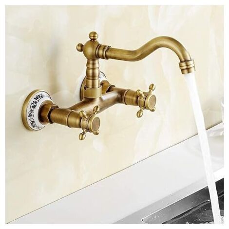 Robinet cuisine, Robinet de cuisine Mur Robinet lavabo vintage avec céramique en laiton avec eau froide et chaude mélangeur d'évier antique (ancien)