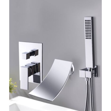Robinet de baignoire à encastrer noir – Mitigeur mural finition chromée – Laiton – 3 trous – Bec large 120 mm pour design moderne – Lookshop