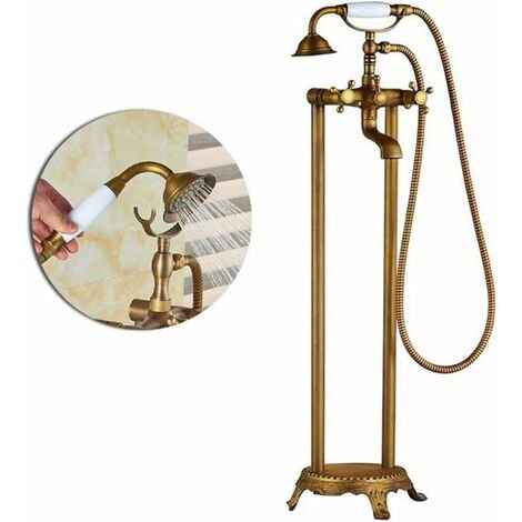 SUGUWORD Robinet de baignoire à montage au sol avec douchette à levier forme téléphone robinet mélangeur de salle de bain à haut débit,Antique