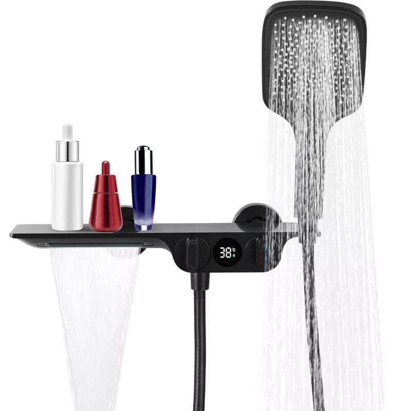 Robinet de baignoire avec douche à Main Gris, Robinet Mitigeur de baignoire avec affichage de la température et bec cascade inclus douche à main avec