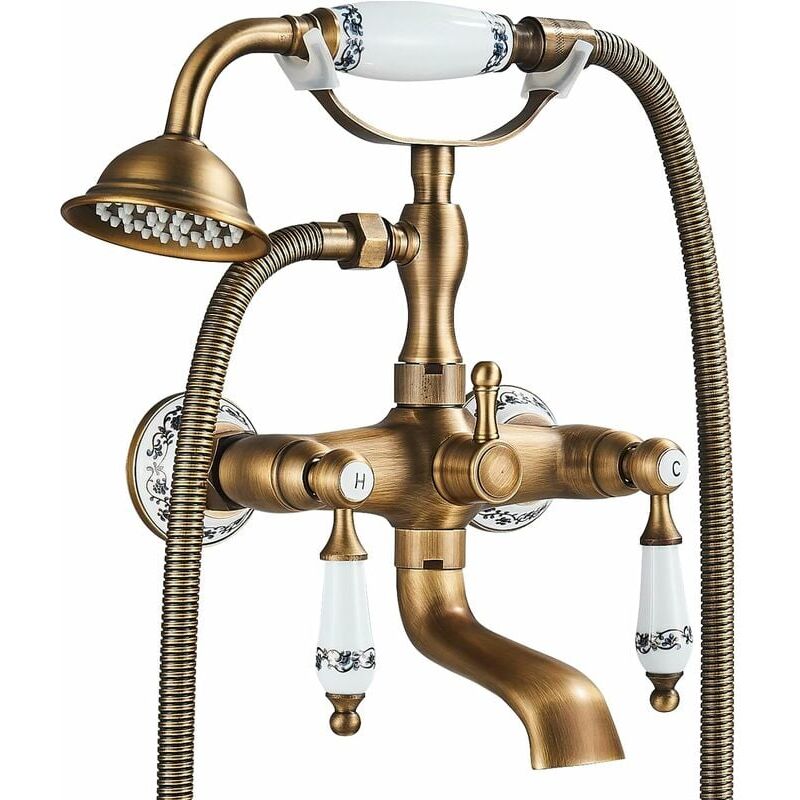 Robinet de baignoire avec douche à main,Poignée thermostatique en porcelaine bleue et blanche et Laiton Mitigeur De Baignoire Montage Mural