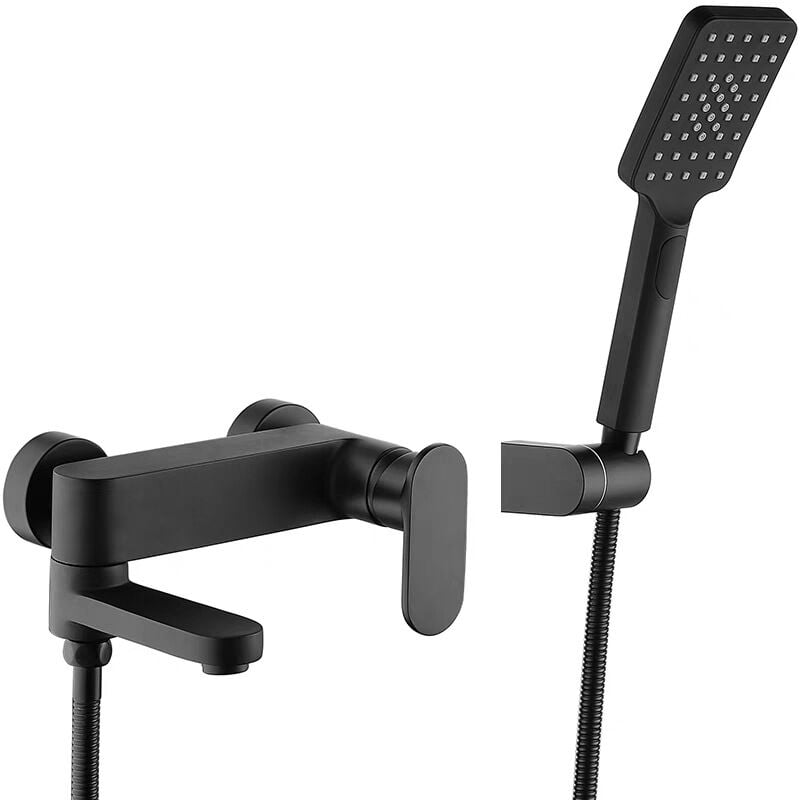 Robinet de baignoire avec douchette à main, robinet de baignoire mural, robinet noir pour salle de bain, bec pivotant à 90° en laiton (noir)