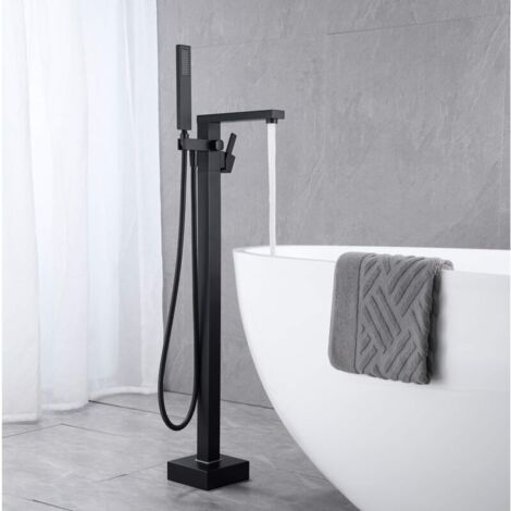 Robinet De Baignoire Avec Douchette Cascade Baignoire Robinet Mitigeur Au Sol Autoportant Melangeur Baignoire Îlot Sur Pied Avec Poignée Noir (underground installation)