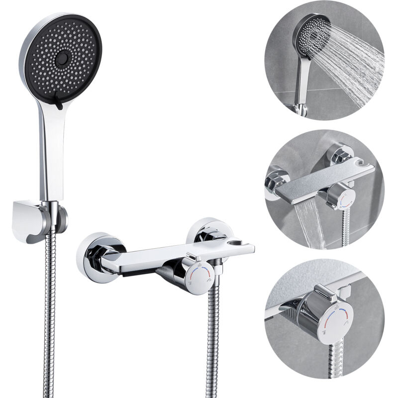 Robinet de Baignoire Cascade en Laiton Chromé Mitigeur de Bain Mural avec 5 Fonctions Douchette à Main