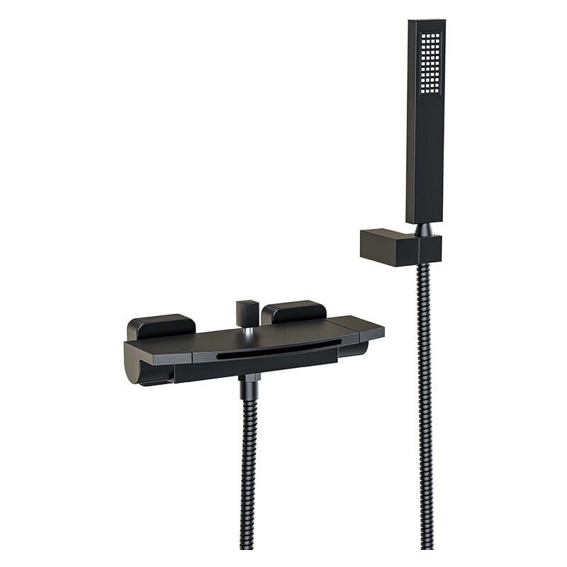 Robinet de Baignoire Cascade Thermostatique avec Douchette Robinet mitigeur Laiton Robinet Douche Montage Muralavec Douche Chaud Et Froid Noir