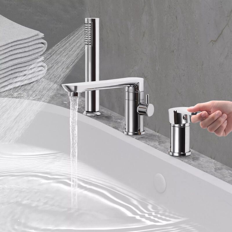 Robinet de baignoire chromé, Combinaison de baignoire à une main à 3 trous Mélangeur de Baignoire, La buse de sortie d'eau rotative à 360°