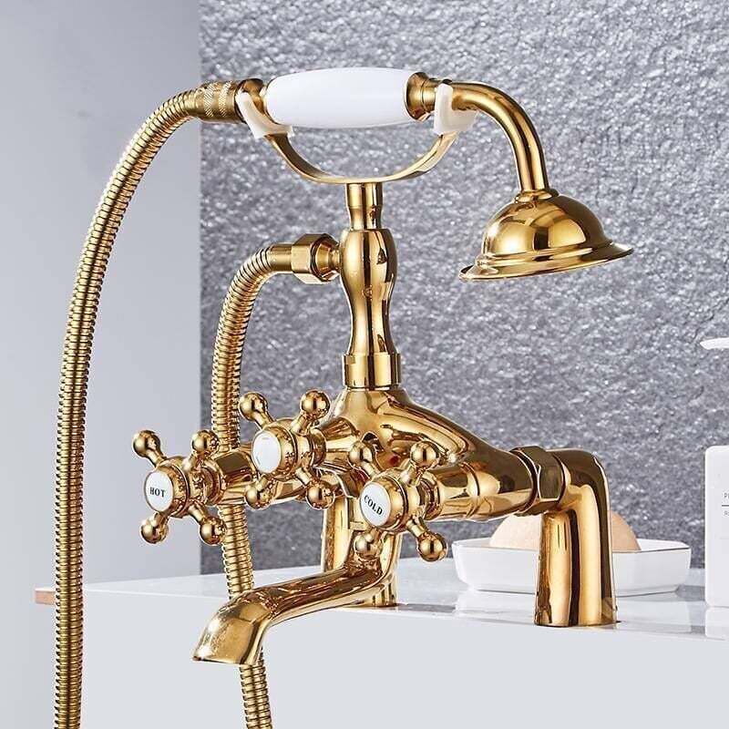 Robinet de baignoire de style téléphone classique, robinet de baignoire chaise longue doré, pommeau de douche debout, robinet de baignoire-douche