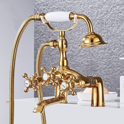 SJQKA Robinet de baignoire de style téléphone classique, robinet de baignoire chaise longue doré, pommeau de douche debout, robinet de baignoire-douche européen