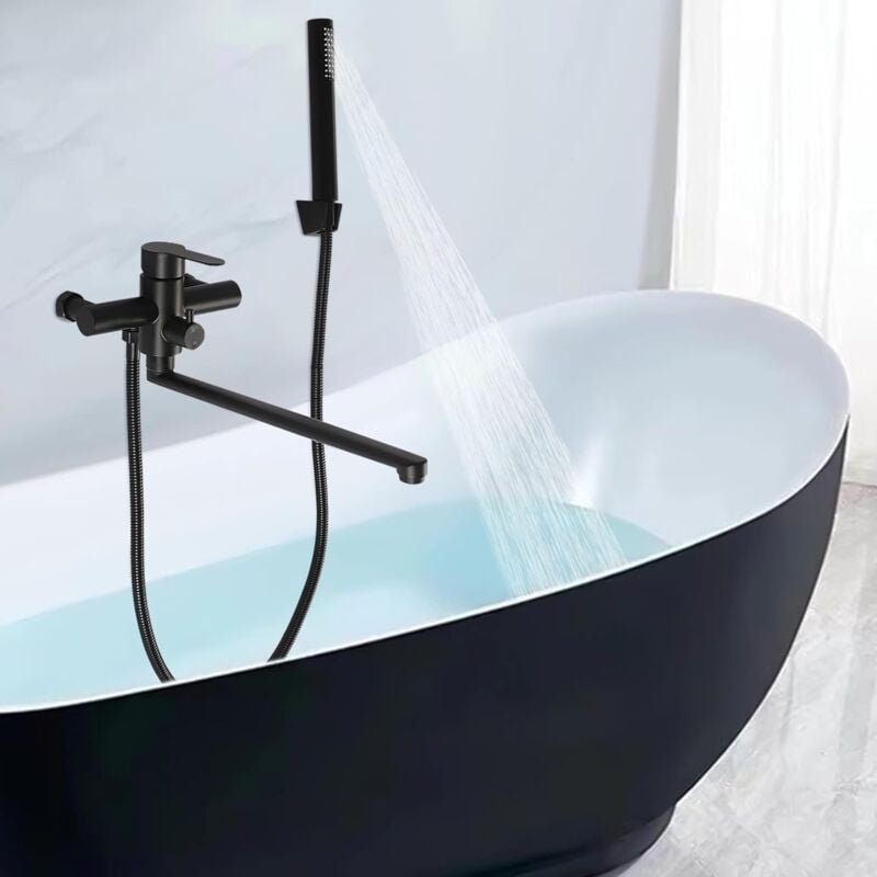 Robinet de Baignoire en acier inoxydable avec douchette mitigeur, Robinet mural noir 35 cm de long, 1.5M tuyau, pour salle de bain, douche, baignoire