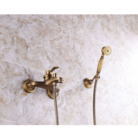 Robinet de baignoire et douche avec douchette, robinet de baignoire rétro en laiton, 2 trous, 2 poignées, mitigeur de douche mural, doré