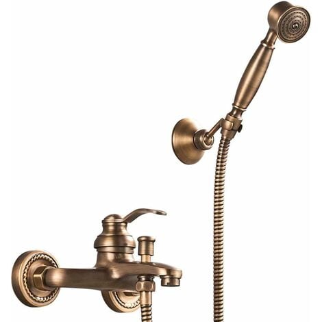 Robinet de baignoire et douche avec Douchette Robinet de Bain en laiton rétro 2 trous 2 poignées, Montage Mural Mitigeur de Douche
