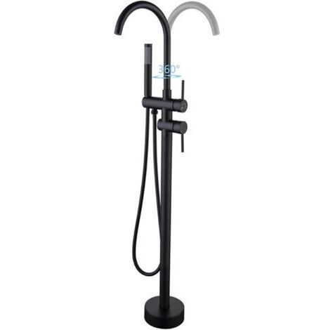 Robinet de Baignoire Ilot 2 Modes Mitigeur de Baignoire Ilot avec Douchette, Rotation à 360° Robinet de Baignoire sur Pied Laiton Robinet Mitigeur au Sol Moderne et Simple (Noir)
