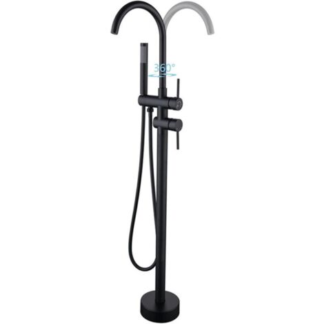 Robinet de Baignoire Ilot 2 Modes Mitigeur de Baignoire Ilot avec Douchette, Rotation à 360° Robinet de Baignoire sur Pied Laiton Robinet Mitigeur au Sol Moderne et Simple (Noir)