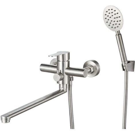 Robinet de Baignoire Mitigeur Bain Douche Mural SUS304 Brossé avec Long Bec 30CM, Douchette et Raccords