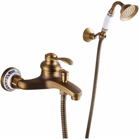 Robinet De Baignoire - Robinet De Douche Avec Douche À Main, Laiton Monocommande Mitigeur De Baignoire Montage Mural Avec Support Et Flexible 1.5M, Pour Salle De Bain, Finition Laiton Antique