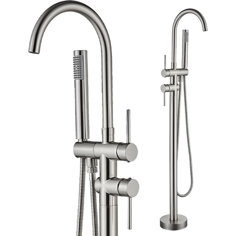Robinet de baignoire sur pied nickel brossé laiton robinet 2 poignées 360° bec rotatif avec douchette 150cm de flexible robinets de baignoire Zamery