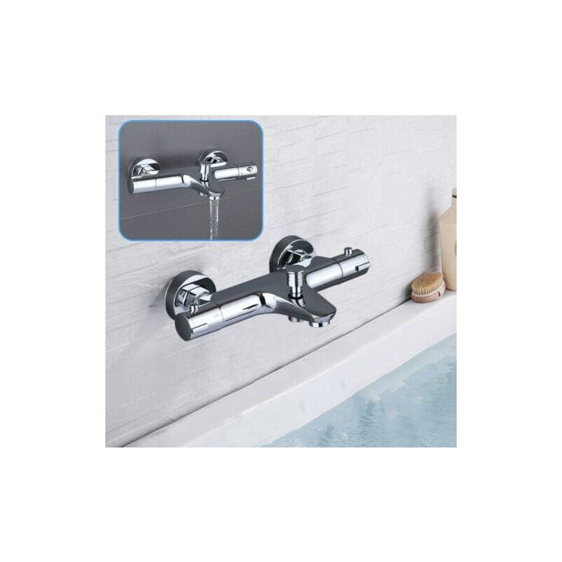Robinet de baignoire thermostatique 20-50 ℃, acier inoxydable 2 sorties d'eau robinet de douche mitigeur robinet de salle de bain chromé, robinet de