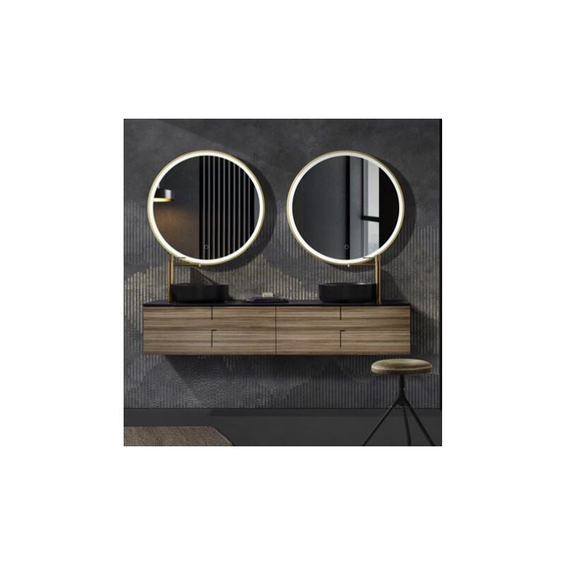 Miroir avec éclairage led pour salle de bain, chambre, dressing rond, éclairage frontal tri-LED double capteur antibuée ø 60 cm Or brossé