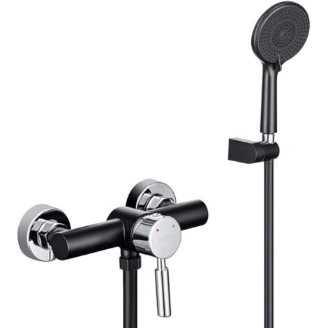Robinet de Bains Mécanique Noir, Mitigeur Bain Douche avec Douchette 3 Jets Modes, Ensemble de Douche Température Réglable, Mitigeur Douche Mécanique