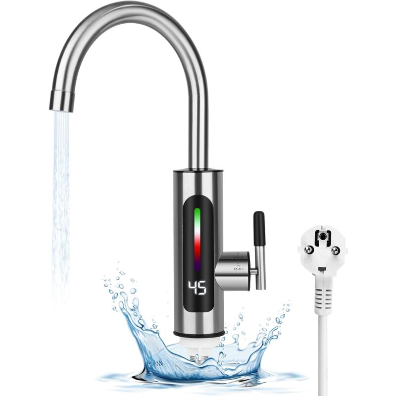 Robinet de chauffage électrique en acier inoxydable, robinet d'eau chaude électrique instantané rotatif à 360 °, affichage de la température à led