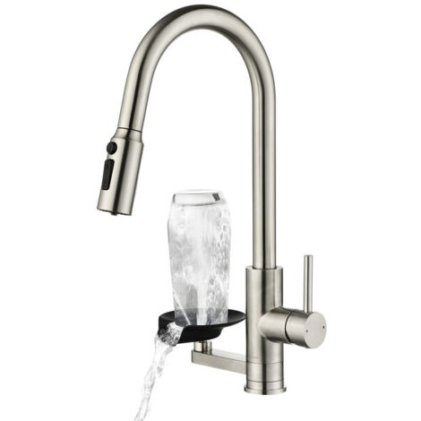 Robinet de Cuisine 3 en 1 avec Filtre à Eau et Lave-Verres, Mitigeur d'Évier Extractible à Double Sortie, Rotation 360°, Acier Inoxidable 304 Brossé