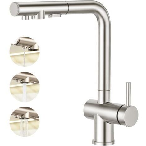 Robinet de cuisine 3 voies avec douchette extensible, mitigeur monocommande Robinet d'évier Robinet d'eau potable Cuisine pour osmose inverse et filtre à eau en acier inoxydable brossé