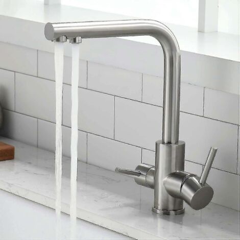 Robinet de cuisine 3 voies avec mitigeur rotatif à 360° et filtre à eau, robinet d'eau potable 3 en 1 à 2 leviers