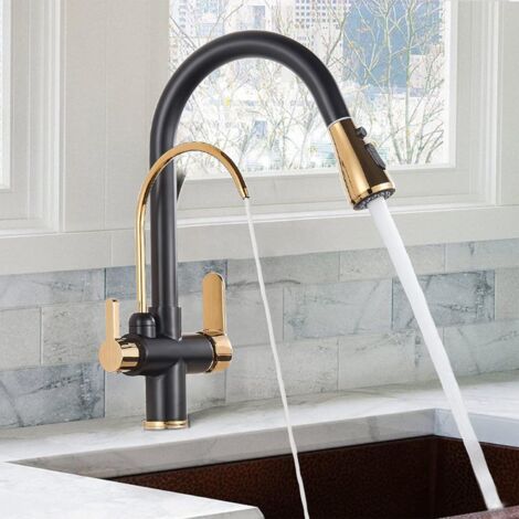 Robinet de Cuisine 3 Voies avec Osmose inverse (eau pure), Robinets Mélangeur de Cuisine pivotant 360°, Robinet de Cuisine Eau Froide et Chaude disponible en Noir et Or‌