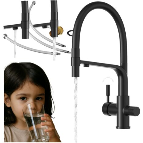 Robinet de Cuisine 3 Voies Malta Noir - Mitigeur avec Fonction Eau Filtrée - Hauteur 410 mm