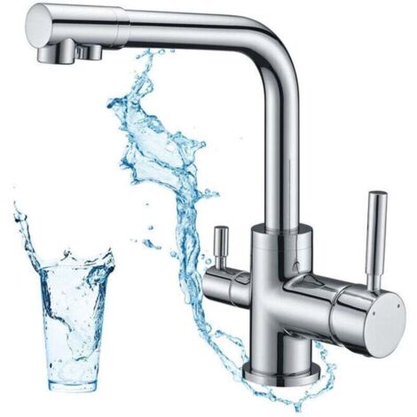 Robinet de Cuisine 3 Voies, Mitigeur Cuisine Pivotant à 360°, Robinetterie Cuisine Eau Potable, Mitigeur Évier de Cuisine avec Sortie Eau Filtrée
