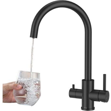 Robinet de Cuisine 3 Voies, Mitigeur de Cuisine pour Systèmes à Osmose, Eau Potable 3 en 1 à Double Levier, Chaude et Froide, Mitigeur d'Évier Pivotant à 360°, Acier Inoxydable, Noir Mat