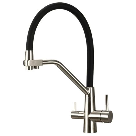 Robinet de Cuisine 3 Voies, Mitigeur d'évier Flexible Pivotant 360°, Mélangeur 3 en 1 avec Douchette Extractible, Nickel Brossé