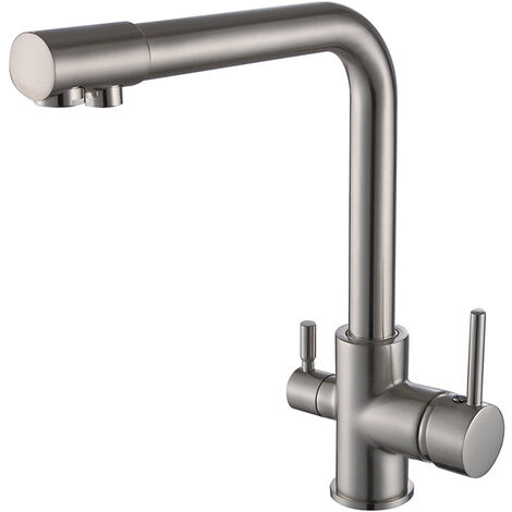 Robinet de Cuisine 3 Voies Mitigeur Evier Rotation  à 360° Robinetterie Cuisine Eau Potable Eau Froide et Chaude Nickel Brossé