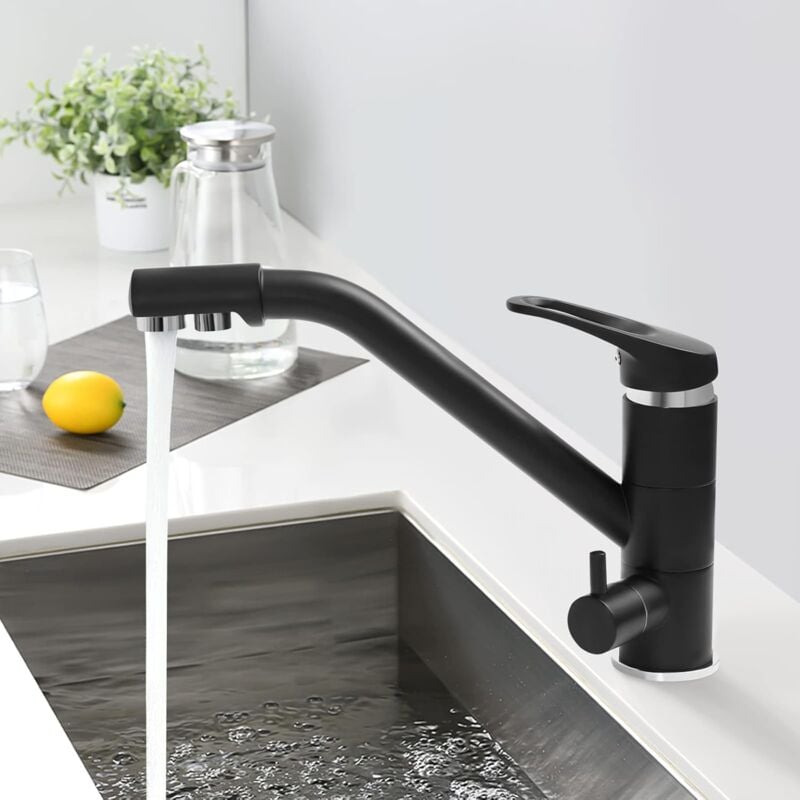 Gojoy - Robinet de cuisine 3 voies noir, 3 en 1 rotatif à 360 °, Mitigeur Evier Cuisine en acier inoxydable, avec 2 leviers pour toilettes, wc,