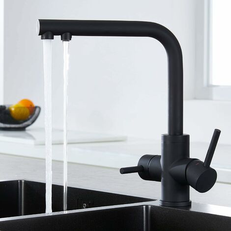 Robinet de cuisine 3 voies noir mat – Mitigeur pivotant 360° en acier inoxydable 304 – Sortie eau filtrée – Compatible systèmes filtration – Faustina