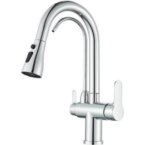 Robinet de cuisine 3 voies pour osmose, robinet de cuisine pour osmose avec 2 leviers, robinet d'osmose évier rotatif à 360°, douche amovible, acier inoxydable chromé