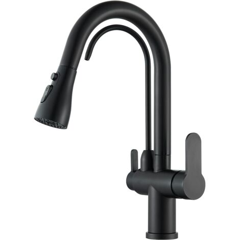 Robinet de cuisine 3 voies robinet d'évier de cuisine avec filtre à eau eau robinet de cuisine 3 en 1 avec douche extractible,Couleur Noir, Or…