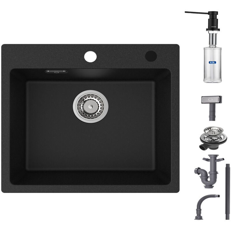 Karcher - Cecipa Évier Quartz Noir 50x45cm + Distributeur de Savon, Évier de Cuisine en Quartz Évier de Cuisine en Granit, Evier Encastré 1 Bac
