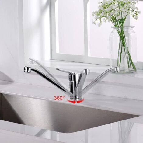 Robinet de cuisine à bec long (23x11cm, chrome argent), robinet d'évier pivotant à trou unique, à l'ancienne