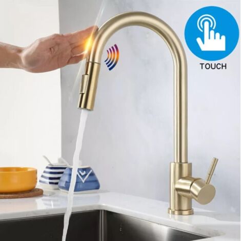 Robinet de cuisine à capteur tactile Robinet de cuisine extensible avec 2 modes de pulvérisation Robinet d'évier en acier inoxydable 304 Mitigeur monocommande rotatif à 360 °（or）
