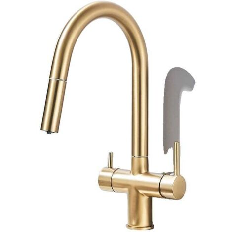 Robinet de cuisine à deux leviers et douchette extensible, en acier inoxydable finition or brossé