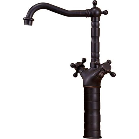 Robinet de cuisine à double poignée en croix, d'évier en laiton à montage sur plage, monotrou, robinet d'eau chaude et à eau froideo (noir, haut)