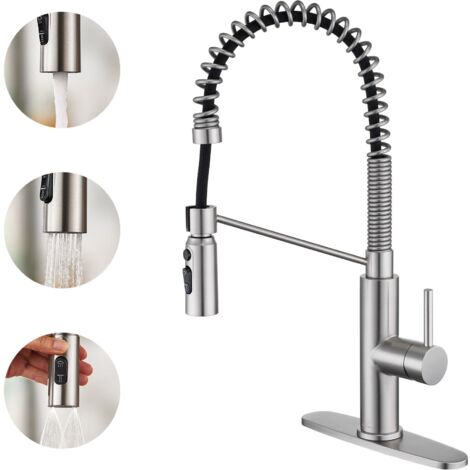 Robinet de cuisine à douchette extractible, monocommande, montage sur plage, finition nickel brossé (plaque de montage incluse)