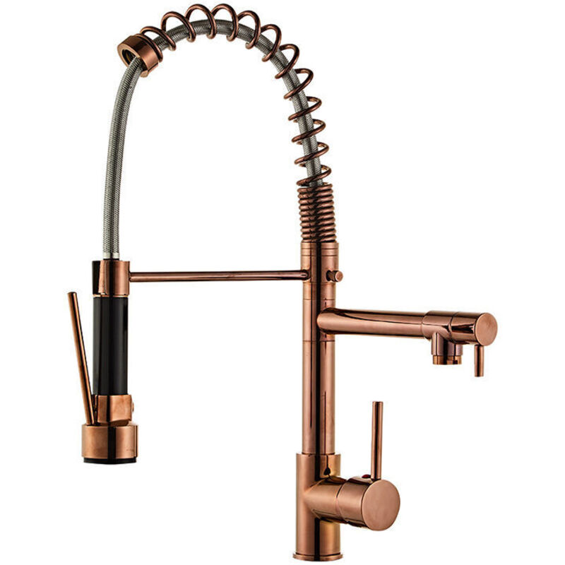 Robinet de cuisine à ressort monobloc à double évier avec douchette (poignée noire en or rose)
