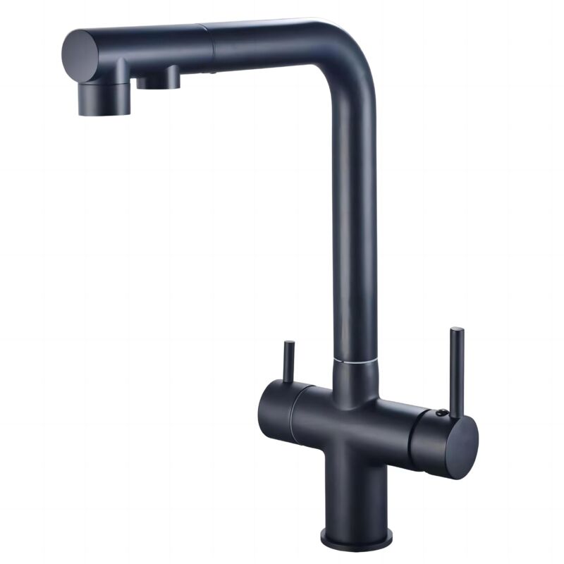 Robinet de cuisine à trois voies avec douchette extractible, robinet de cuisine pivotant à 360°, robinet avec sortie d'eau filtrée (noir)