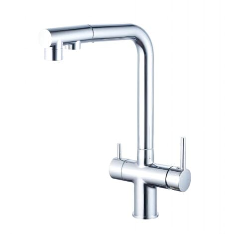 Robinet de cuisine à trois voies avec douchette extractible, robinet de cuisine pivotant à 360°, robinet avec sortie d'eau filtrée (chrome)