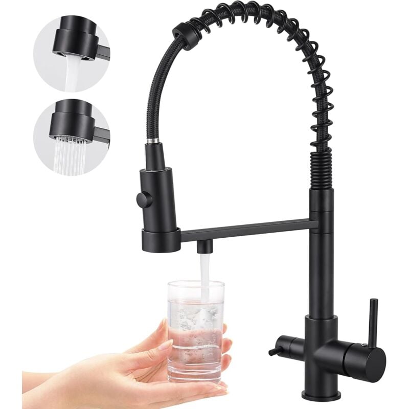 Cyslmuk - Robinet de cuisine à trois voies, robinet de cuisine extractible, robinet d'évier en laiton, robinet mitigeur à filtre à eau 3 en 1 (noir
